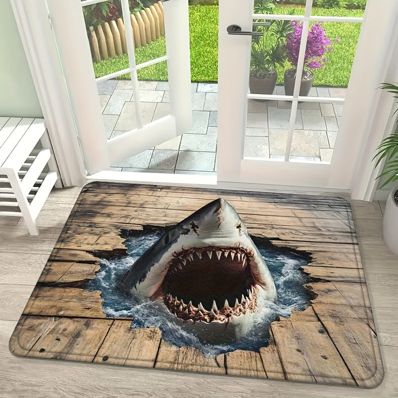 Shark Ocean Print Door Mat with Weathered Wood-Look Background in 40 x 60cm or 50 x 80cm Sizes