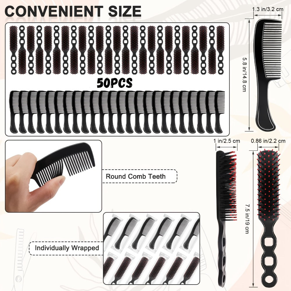 Disposable Hair Brush and Comb Set 50 Pack – Individually Wrapped Detangling Hairbrush with Fine Tooth Comb, Bulk Hygienic Kit for Hotel
