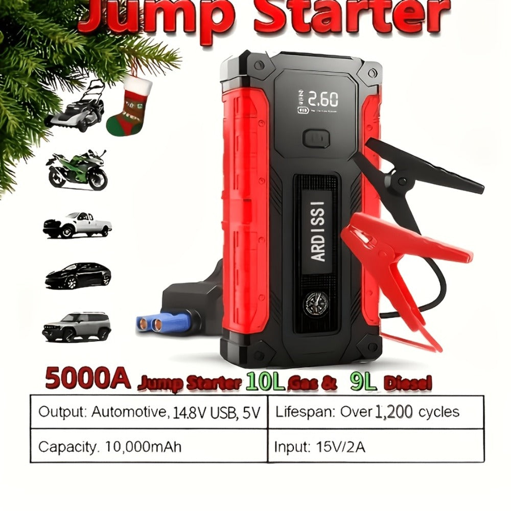 5-in-1 Jump Starter 5000A Peak – 10000mAh Power Bank, 150PSI Air Inflator, Type-C & LED Emergency Light for 12V Gas & Diesel Engines