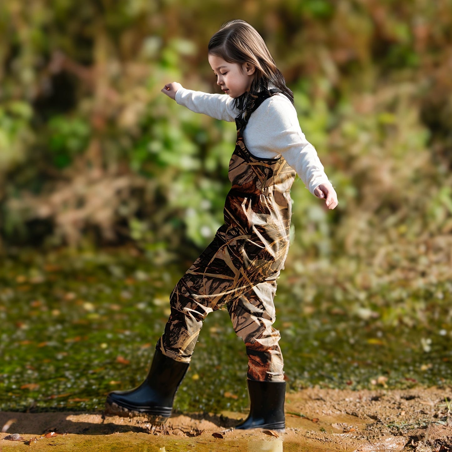 Kids Chest Waders Waterproof with Attached Boots – Youth Nylon Fishing & Hunting Waders, Cartoon Stripe Design, Lock Closure, Ages 4-13