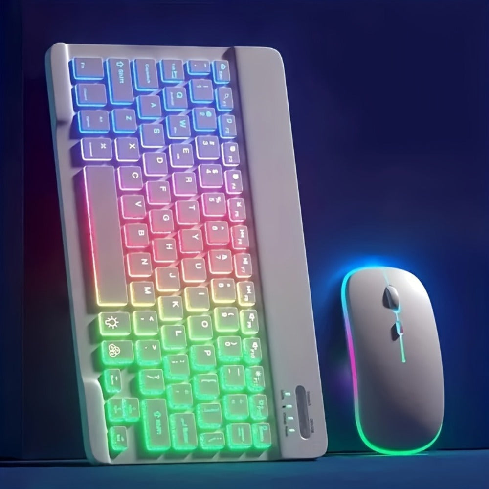 Slim White Wireless Keyboard and Mouse Set with Rechargeable Type-C Keyboard and Backlit Key Presentation