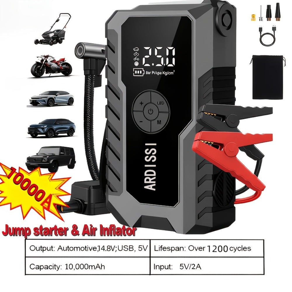 5-in-1 Jump Starter 5000A Peak – 10000mAh Power Bank, 150PSI Air Inflator, Type-C & LED Emergency Light for 12V Gas & Diesel Engines