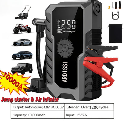 5-in-1 Jump Starter 5000A Peak – 10000mAh Power Bank, 150PSI Air Inflator, Type-C & LED Emergency Light for 12V Gas & Diesel Engines