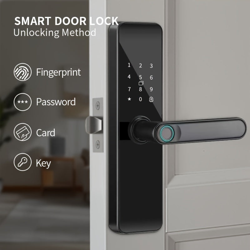 Smart Door Lock with Fingerprint Keypad Card App Access and Optional Camera Handle Models in Black