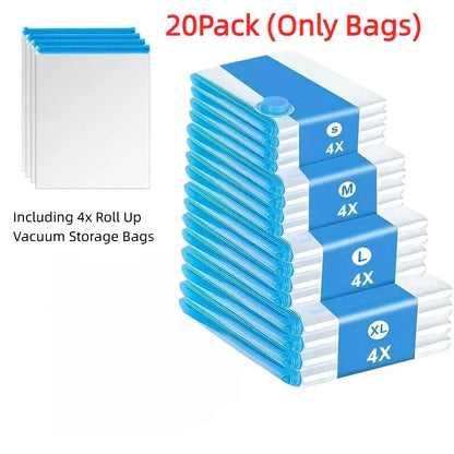 Vacuum Storage Bags with Air Pump, 20-21 Pack Reusable Compression Bags for Clothes, Quilts & Blankets