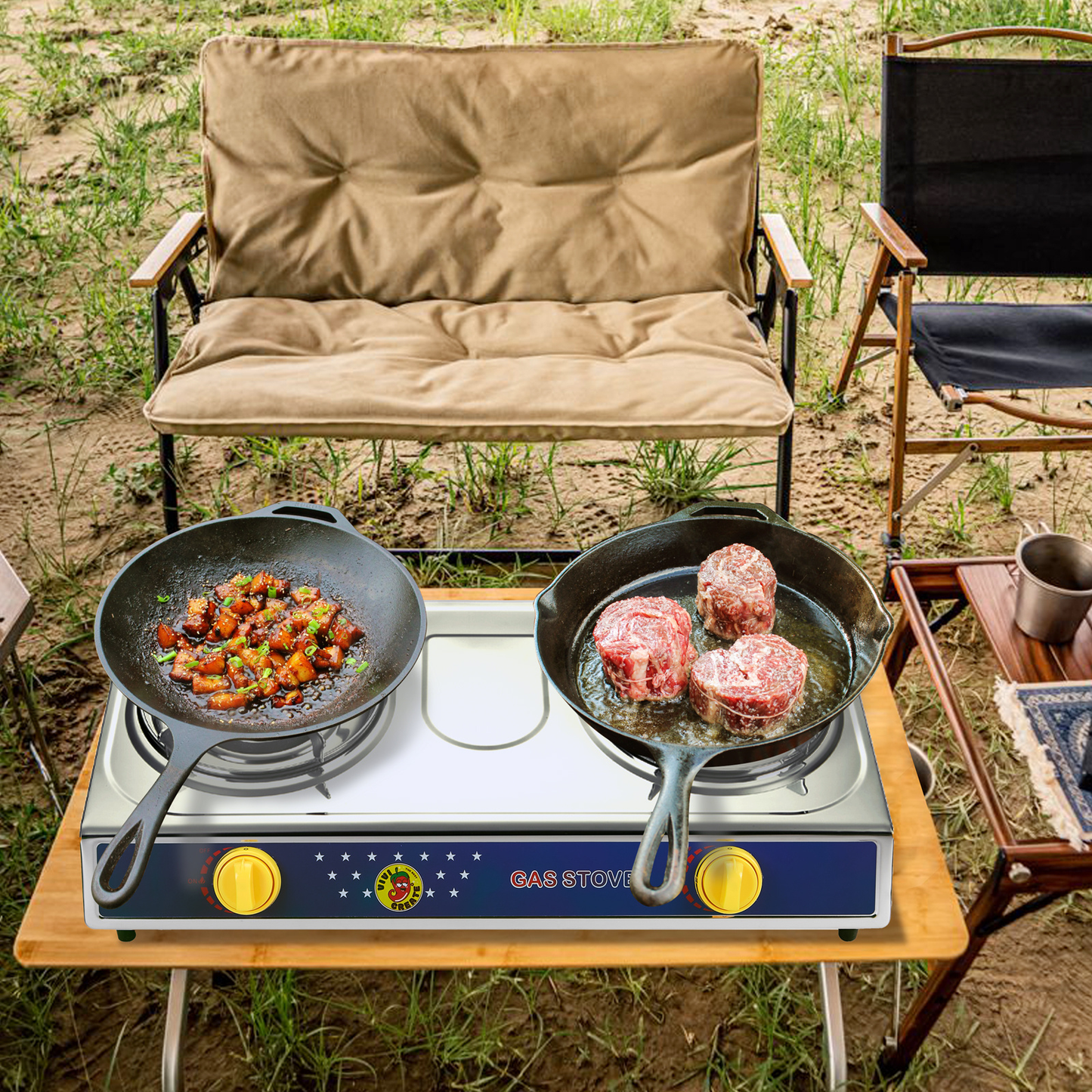 Propane Camping Stove Single & Double Burner, Stainless Steel Gas Cooker with Auto Ignition for Outdoor Cooking