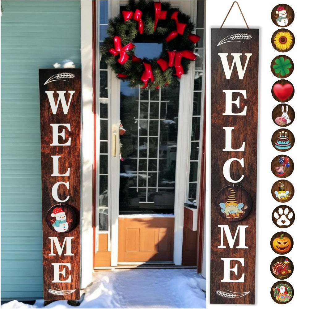 Porch Sign with 12 Interchangeable Seasonal Icons 47 Inch Tall – Welcome Sign for Front Door, Wind Resistant Leaner Board for Patio Yard