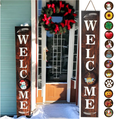 Porch Sign with 12 Interchangeable Seasonal Icons 47 Inch Tall – Welcome Sign for Front Door, Wind Resistant Leaner Board for Patio Yard