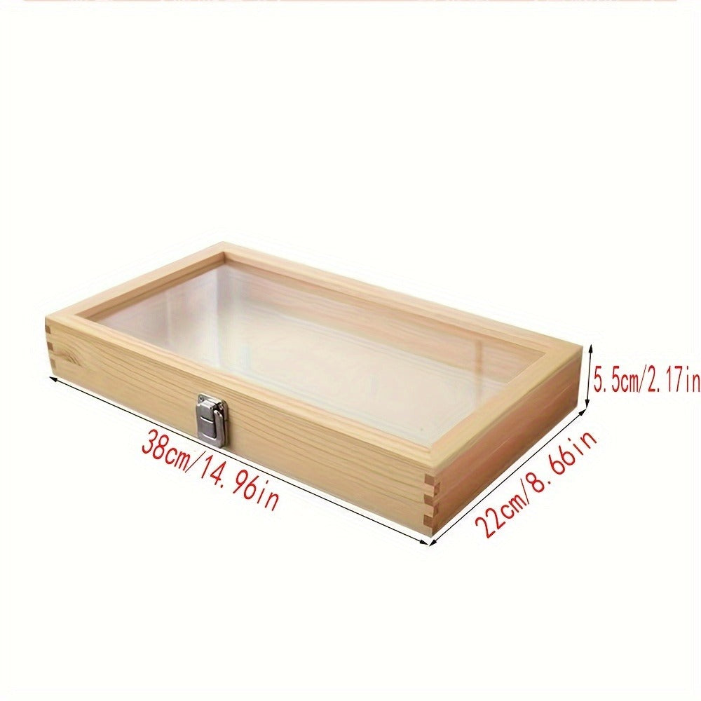 Tabletop Wooden Display Box with Transparent Hinged Lid, Metal Latch and 14.96 x 8.66-Inch Footprint