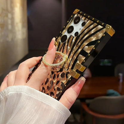 Leopard Print Samsung Galaxy Case Ring Holder Kickstand Anti-Drop Rectangular Cover for Galaxy S25 Ultra Plus S24 Ultra Plus FE S23 Ultra