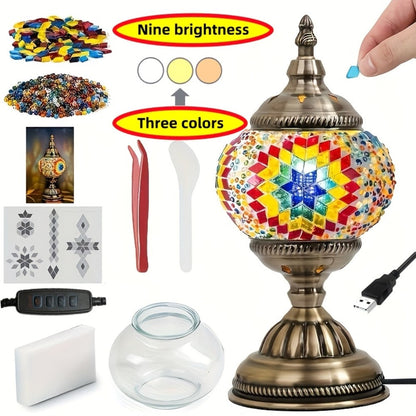 DIY Turkish Moroccan Mosaic Lamp Kit Handmade Glass Metal Brass Dimmable Bohemian Table Light for Entryways, Bedrooms and Living Spaces