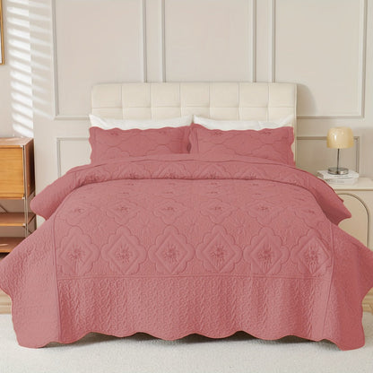 Quilt Set 3 Piece Floral Embroidery Bedspread – 100% Polyester Wrinkle Resistant Lightweight Quilted Coverlet with 2 Pillow Shams for Full