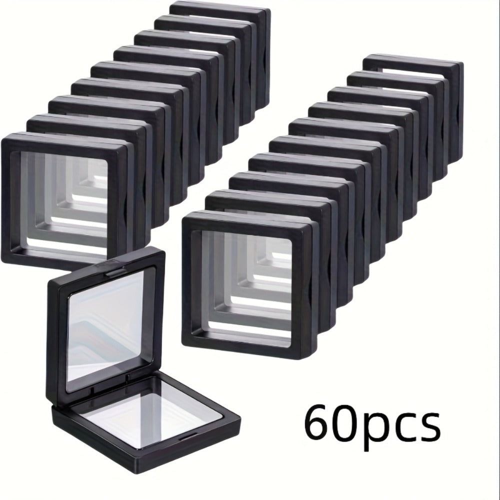 3D Floating Jewelry Display Box Set with Black Frames, Clear Flexible Panels and 30- or 60-Piece Options