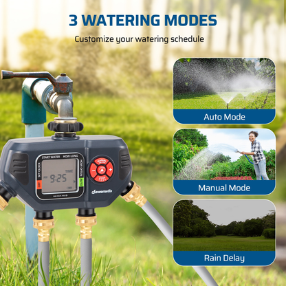 Four-Zone Digital Sprinkler Timer with Independent Water Outlets, LCD Screen, Manual Control and Rain-Delay Mode