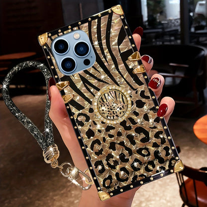 Phone Case Leopard Print Rectangular Cover with Ring Grip Kickstand for Select iPhone 12–16 Models