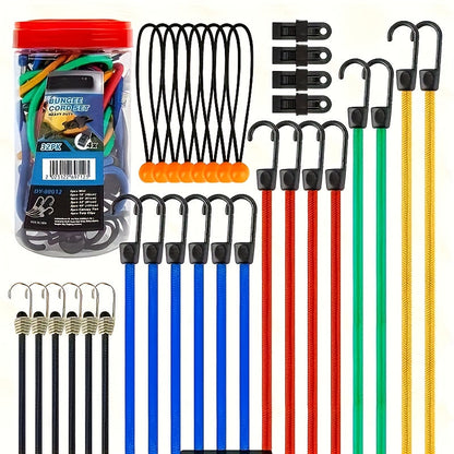 Bungee Cord Set 32 Pack Heavy Duty – Elastic Tie Down Cords in 10 18 24 40 Inch Lengths, 4 Sunshade Clips & 6 Ball Bungees