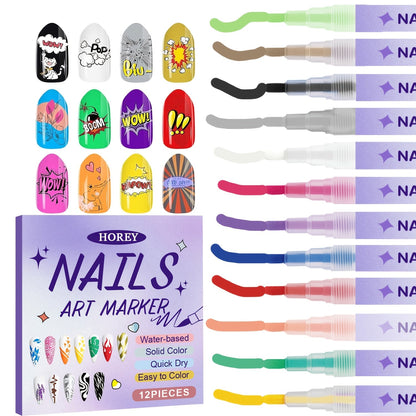 Nail Art Pens 12-Piece Water-Based Marker Set with 0.5mm Fine Tips for Lines and Small Decorative Details