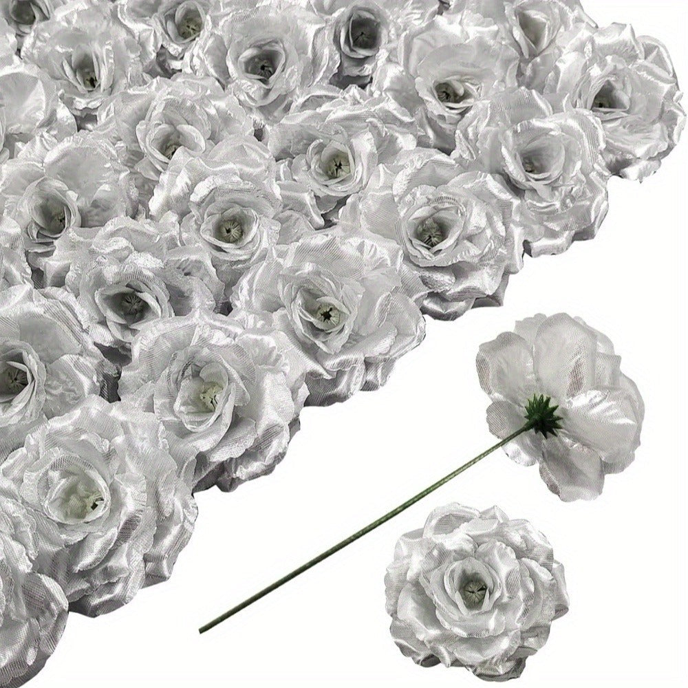 Artificial Rose Heads with Stems, 50-Piece Silk-Labeled Set in Champagne, Silver, Pink, Wine Red, Blue or Orange