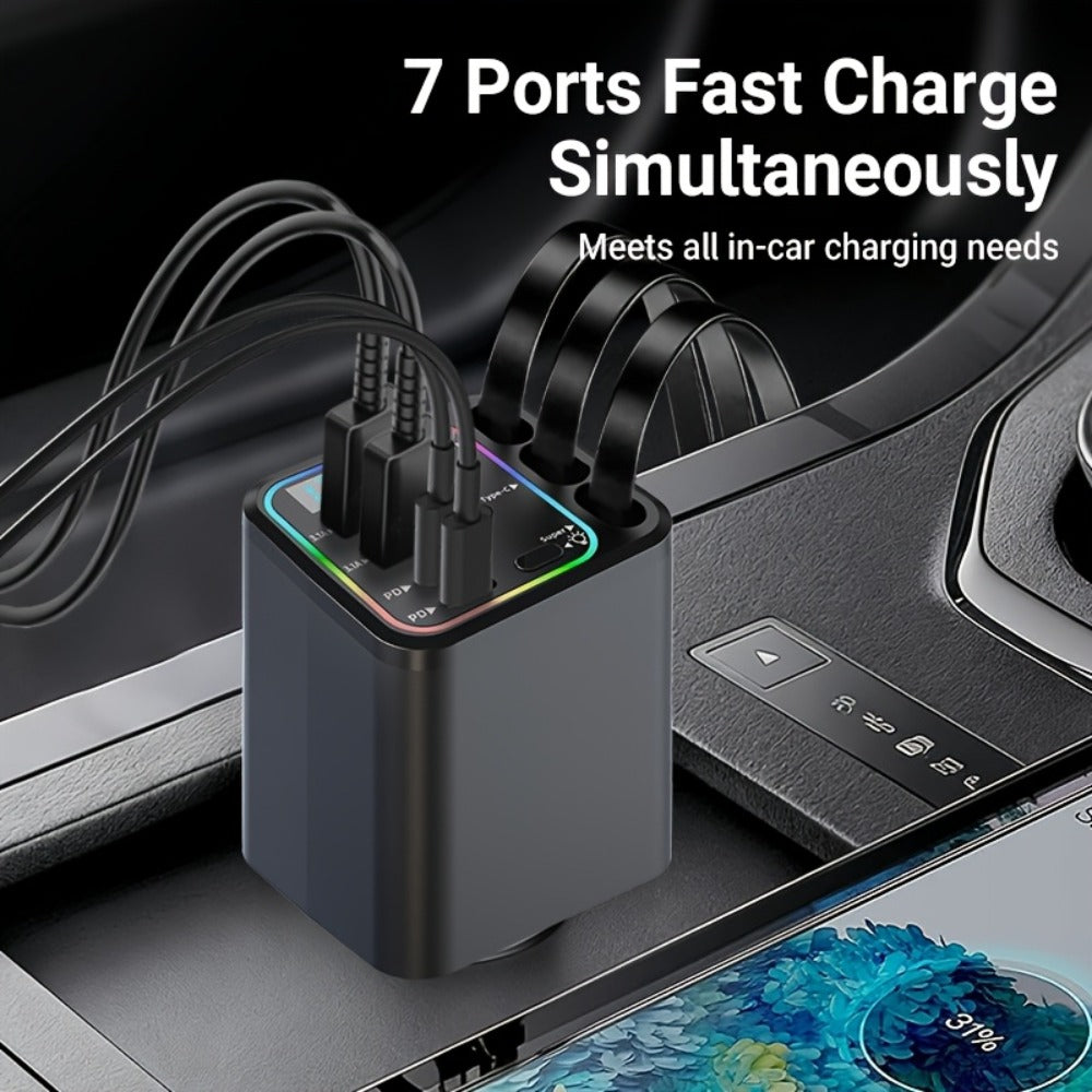 Car Charger 7-in-1 Fast Charging Hub – 3 Retractable Cables, 180° Adjustable, LED Display, USB Multi-Port for iPhone Android