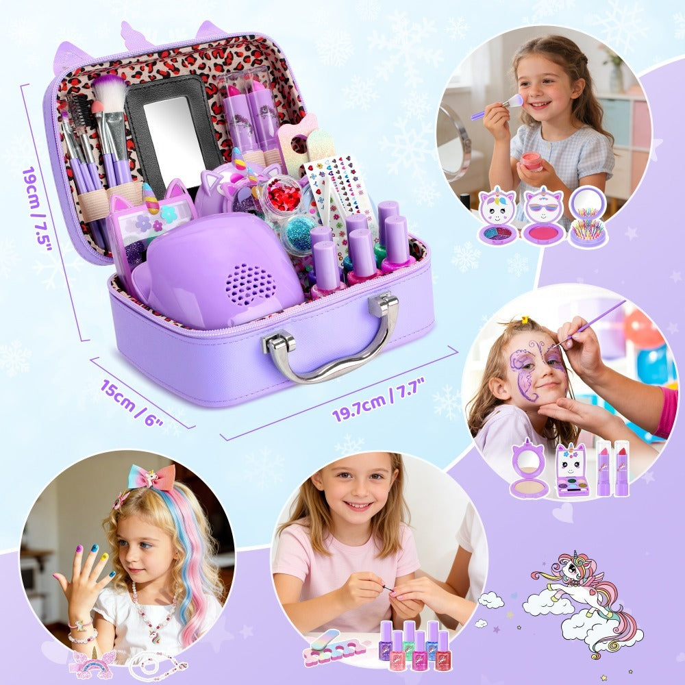 Kids Makeup Set for Girls, 2-in-1 Princess Makeup & Nail Art Kit, Pretend Play Cosmetics with Nail Polish