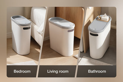 Slim 10L Bathroom Wastebasket with Lid Tray, Built-In Side Handles and Single or Two-Piece Options