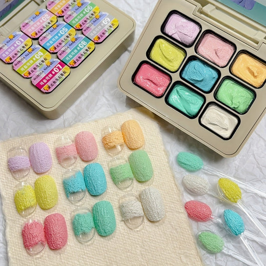 Plaster Texture Nail Art Gel Nine-Color Pastel Palette in a Compact Metal Case for Raised Sculpted Designs