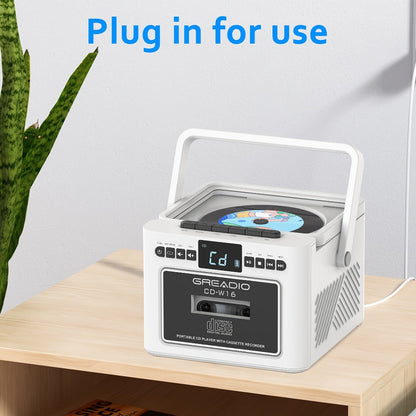 Boombox CD Cassette Player Rechargeable 5000mAh Battery 5W Dual Stereo Speakers FM Radio Tape Recording AUX SD USB 3.5mm Jack Portable Home