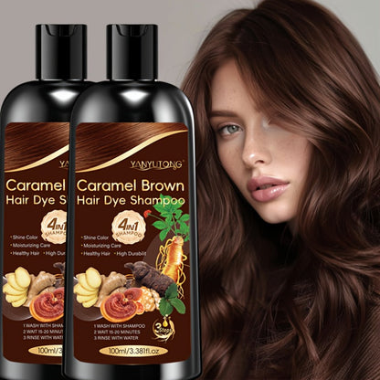 Hair Color Shampoo, YANYUTONG 4-in-1 Caramel Brown Two-Bottle Set with 3.38oz in Each Bottle