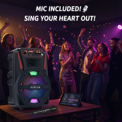 1000W Portable Party Speaker with 8-Inch Woofer, Karaoke Microphone, RGB Lights, Bluetooth, FM, USB & TWS