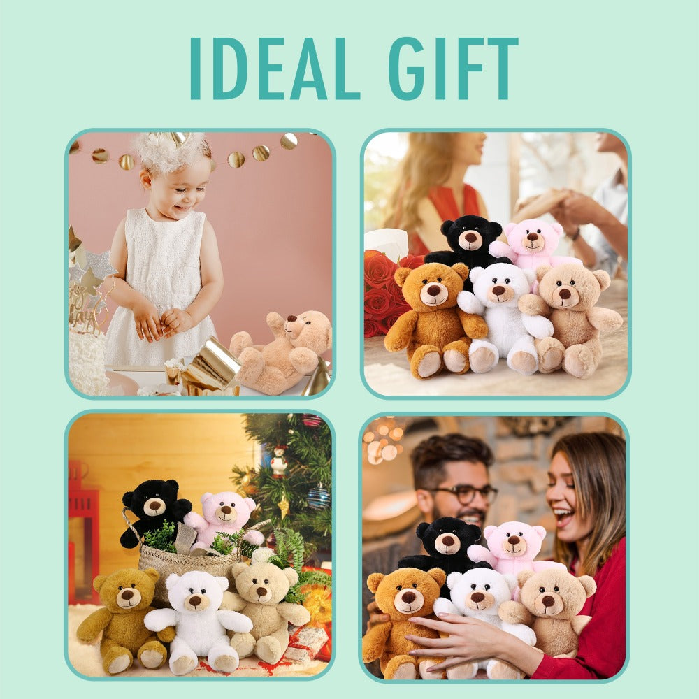 Teddy Bear Bulk Set 5 Pack 8 Inch Small Brown Plush Stuffed Animals with Safe Lock-Washer for Parties, Celebrations and Guest Favors