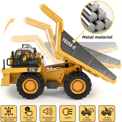 RC Construction Truck Toy 1:24 Scale Alloy Bulldozer Dump Truck & Excavator, 11-Channel Remote Control with Forward