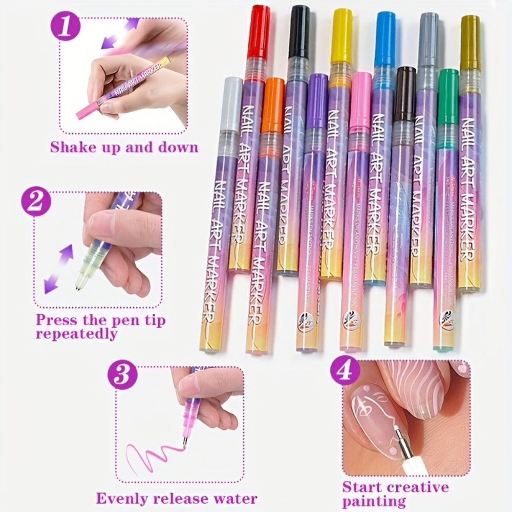 Acrylic Nail Art Pen Set 12 Colors 3D Doodle & Dot Stitching Pens, Quick Drying Precision Fine Tip