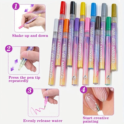 Acrylic Nail Art Pen Set 12 Colors 3D Doodle & Dot Stitching Pens, Quick Drying Precision Fine Tip