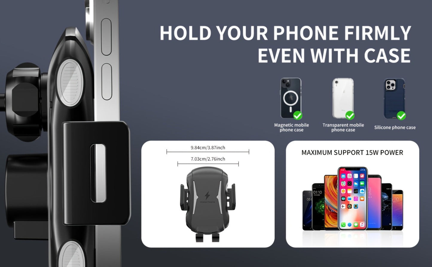 10W Auto-Sensing Car Phone Mount with Wireless Charging Clamp, Vent Clip and Suction-Style Base