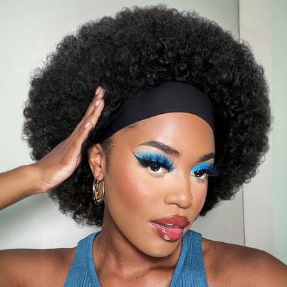 Afro Curly Headband Wig for Women Short Kinky Curly 180% Density – No Lace No Glue Synthetic Wig with Attached Headband, Heat Resistant