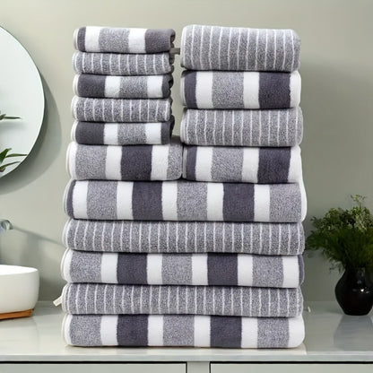 Towel Set 9 or 15 Piece 320GSM Coral Fleece Striped Mix in Five Solid or Mixed Colors for Home and Guest Use