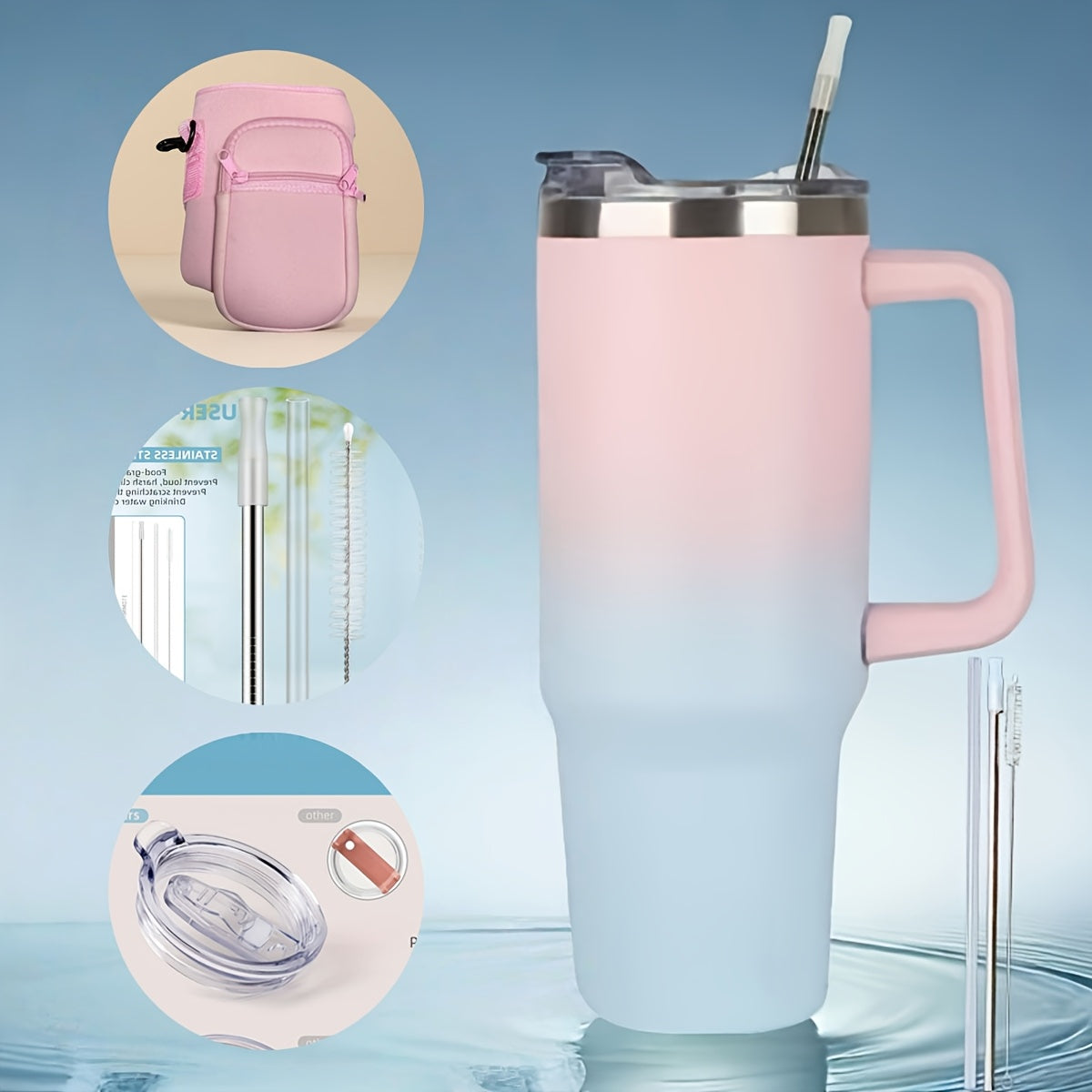 Insulated Tumbler 40 Oz with Carry Bag & Handle – Stainless Steel Thermos with Straw & Spout Lid – Ice Compatible Gym Water Bottle & Travel