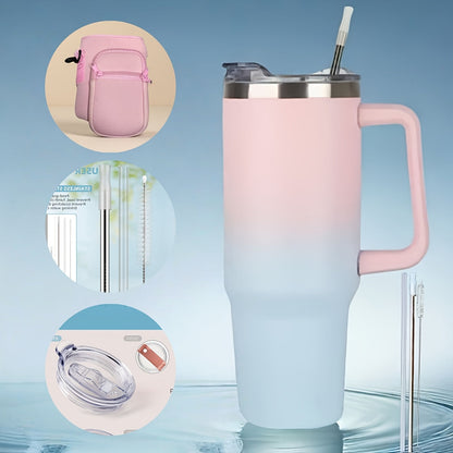 Insulated Tumbler 40 Oz with Carry Bag & Handle – Stainless Steel Thermos with Straw & Spout Lid – Ice Compatible Gym Water Bottle & Travel