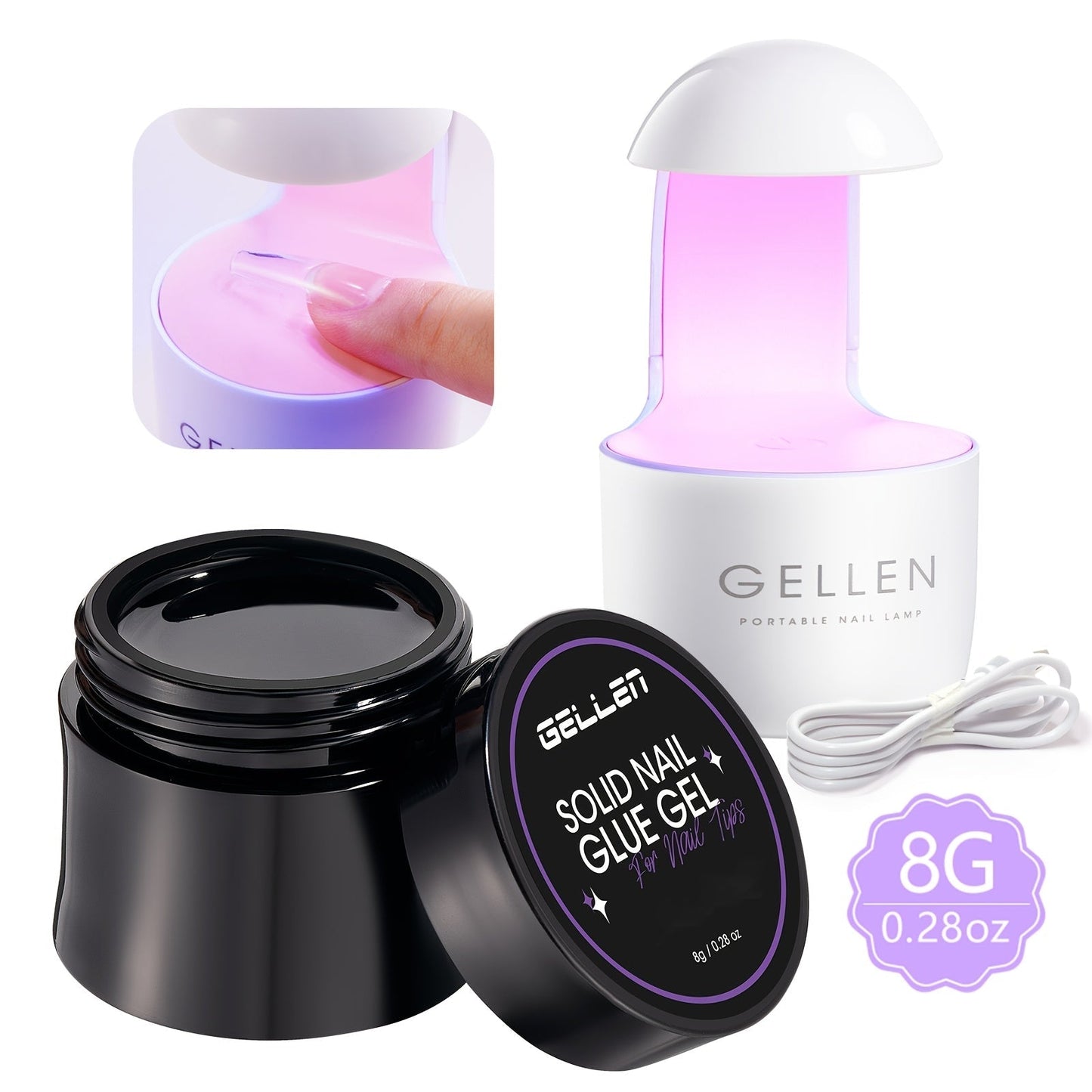 Solid Gel Nail Glue Kit with Mini LED Lamp – 8g UV Cure Gel Glue 28+ Days Long-Lasting Bond for Press On Nails Acrylic Tips Rhinestones