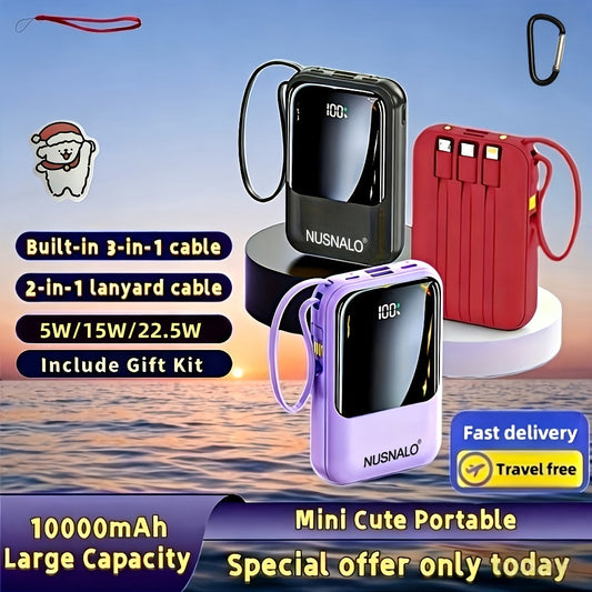 Power Bank 10000mAh Mini with Built-In Cable Set, 5W/15W/22.5W Options, Display and LED Light