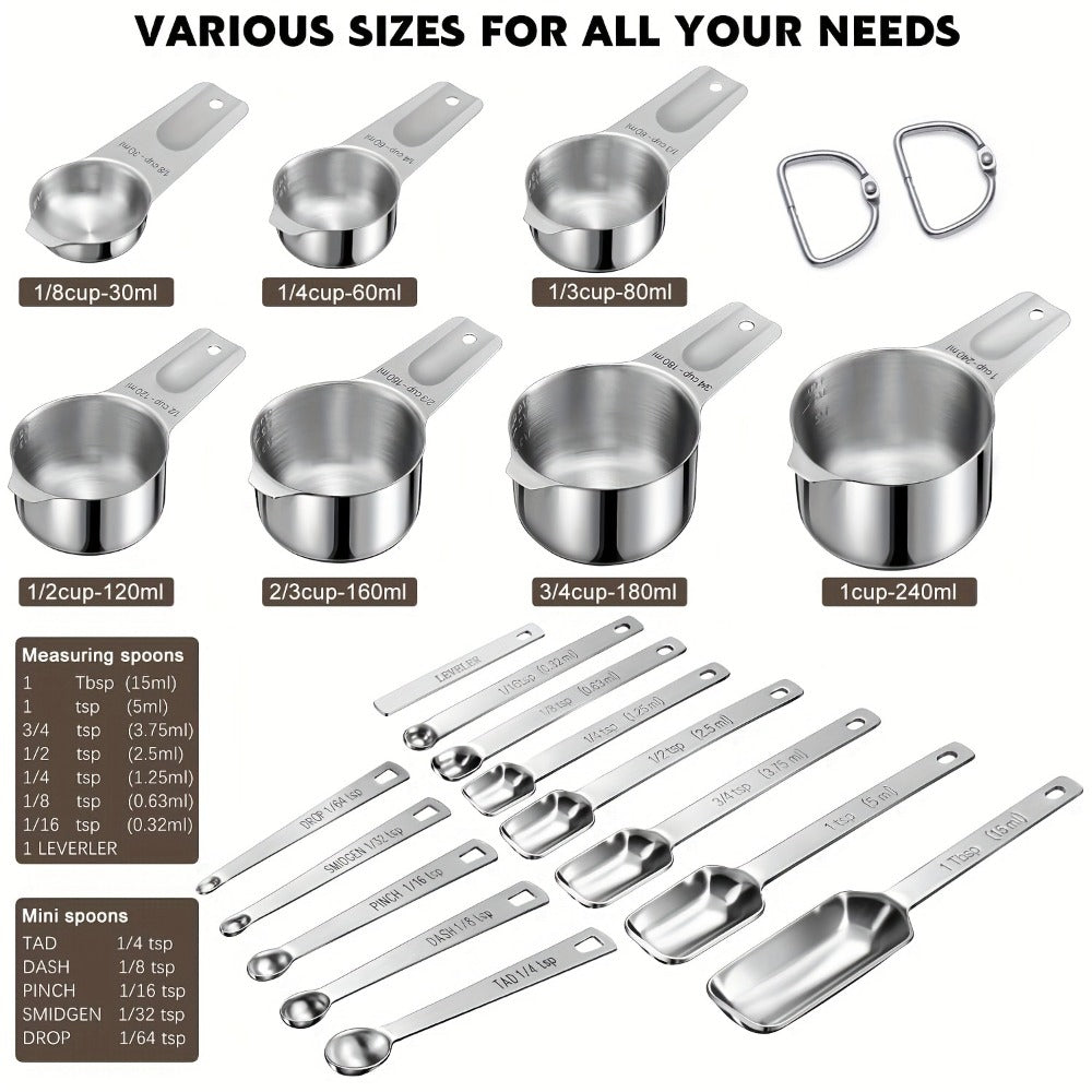 Measuring Cups and Spoons Set Stainless Steel 13-Piece 20-Piece with Leveler Baking for Home Cooking, Dining and Outdoor Meals