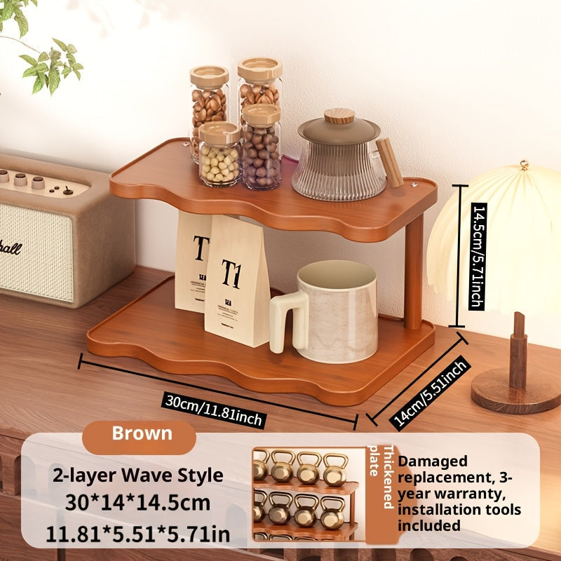 Cup Display Rack Kitchen Organizer 2 or 3 Tier Wave-Style Ladder Shelf in Six Brown Variant Options