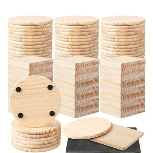 Unfinished Wood Coasters for Crafts 4 Inch Square and Round Wooden Coasters with Pad for DIY for Home Cooking, Dining and Outdoor Meals