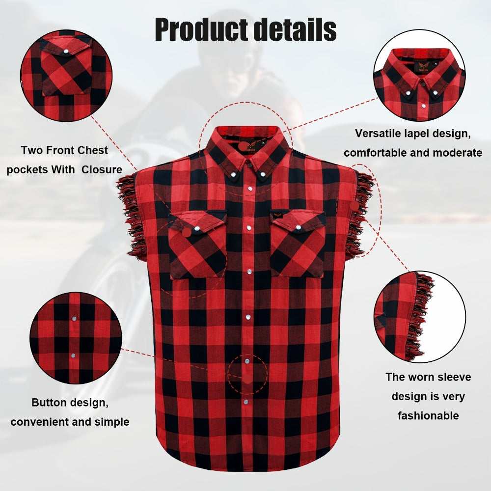 Men's Plaid Sleeveless Shirt with Fringe Hem, Checkered Cotton Button-Up Vest Top, Crew Neck Regular Fit for Streetwear Beach Vacation