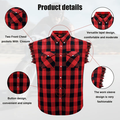 Men's Plaid Sleeveless Shirt with Fringe Hem, Checkered Cotton Button-Up Vest Top, Crew Neck Regular Fit for Streetwear Beach Vacation