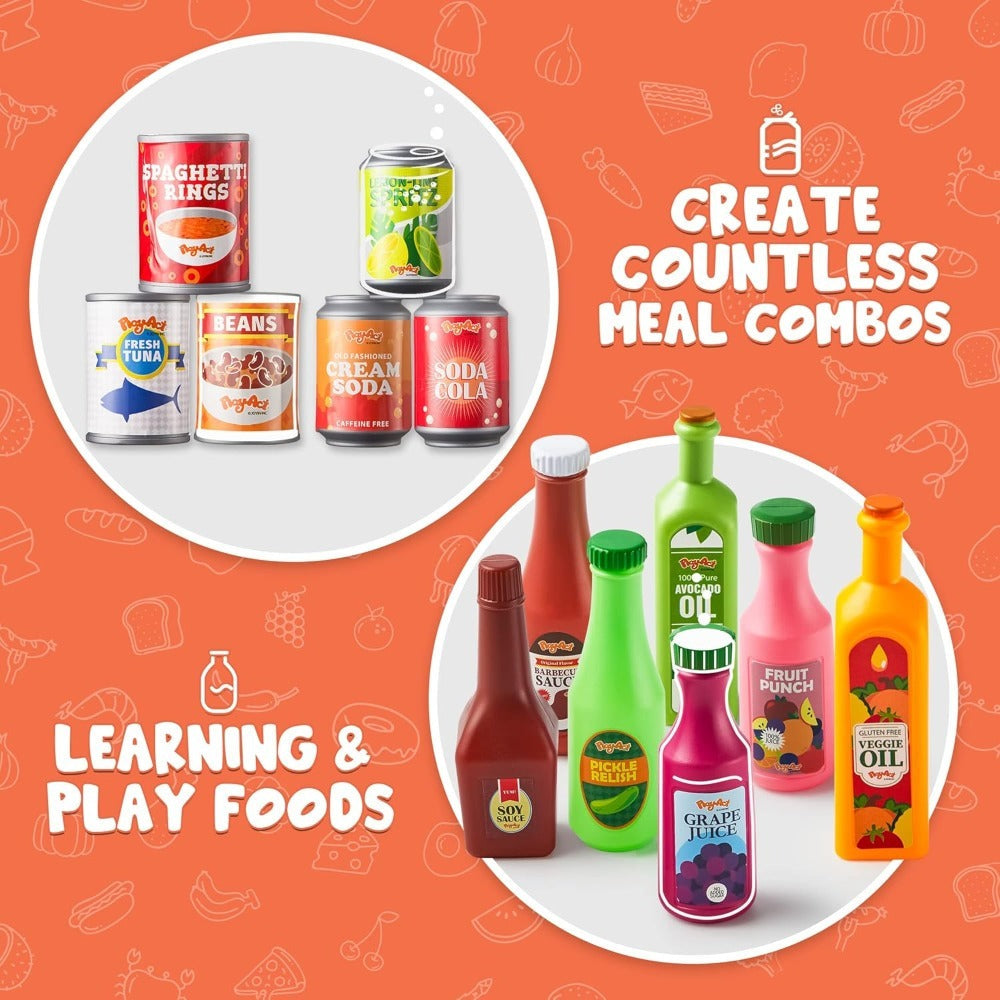 30 Pcs Play Food Grocery Cans Set - Pretend Kitchen Toy with Drinks, Juice, Snacks & Yogurt, Safe