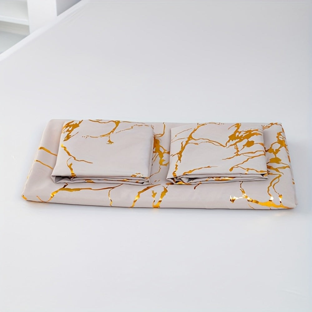 3-Piece Duvet Cover Set with Bronzed-Look Marble Vein Print in White, Khaki or Black and Four Sizes