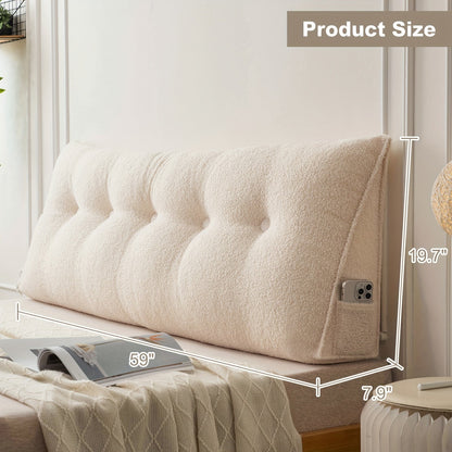Bed Wedge Pillow Headboard Pillow with Side Pockets Removable Cover Teddy Velvet Reading Pillow Twin Queen King