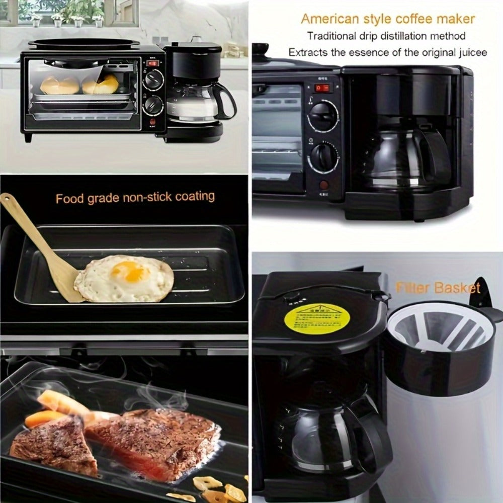 3-in-1 Breakfast Station Maker - Coffee Maker + Toaster + Frying Pan Combo, One-Touch Timing Fast Cooking