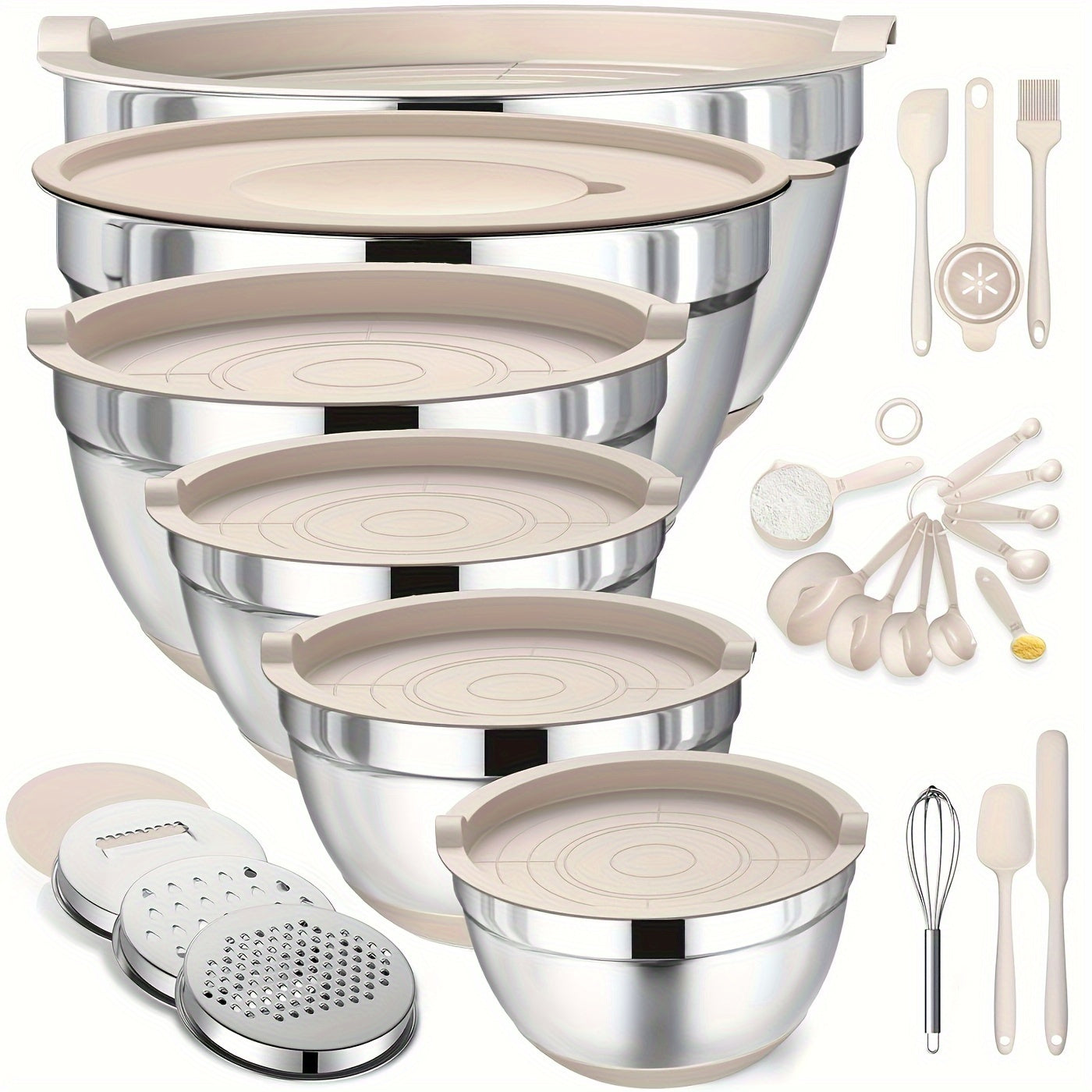 Nested Mixing Bowl Set with Khaki, Black or Mixed-Color Lids, Grater Inserts and Prep Tools